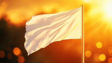 A graceful white flag flutters gently atop a shiny gold pole, with a soft, blurred backdrop enhancing its elegance.