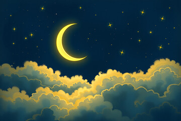 Dreamlike Night Sky with Crescent Moon.generative AI