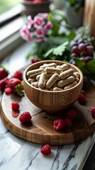 Fototapeta premium A variety of supplements, pills, and seeds displayed in wooden bowls on a rustic surface, highlighting natural health products.