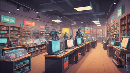 Whimsical Cartoon-Style Electronics Store with Colorful Gadgets and Futuristic Robots
