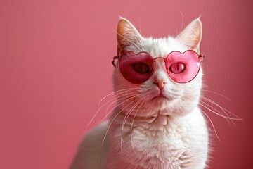 White cat wearing pink heart shaped sunglasses