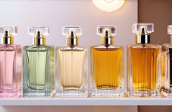 A set of stylish perfumes on a glass shelf on a light background. A minimalistic concept of high-quality and refined fragrances and perfumes.