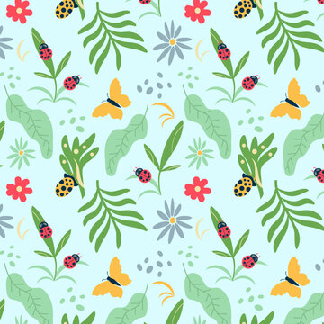 Beautiful insects and bug seamless pattern. Floral spring background