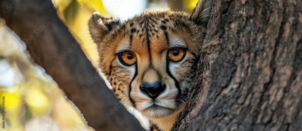 Poster a cheetah peering from behind a tree trunk with its head tilted and eyes wide open.