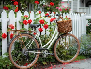 Bicycle leaning against white picket fence with red flowers.