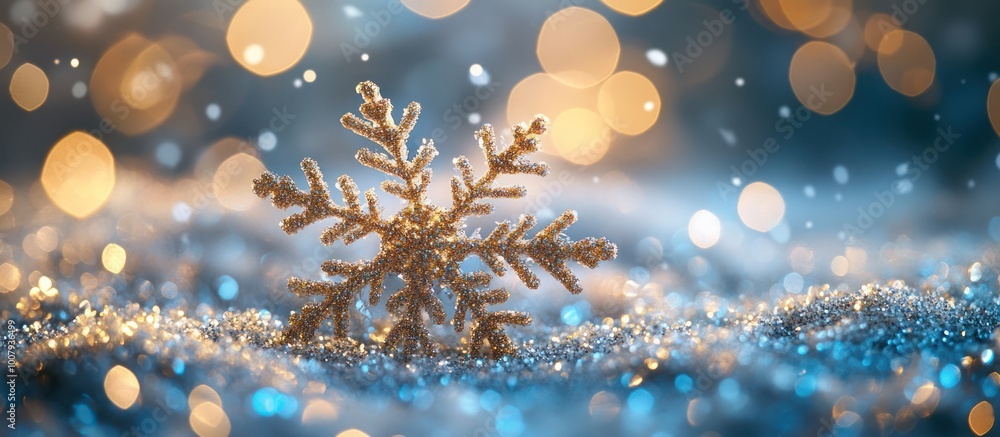 Poster a golden snowflake sits on sparkling glitter with a blurred background of warm and cool bokeh lights