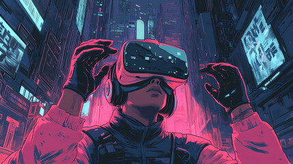 Obraz premium A virtual reality gamer wearing vr gloves, fully immersed in a digital game world. Virtual Reality World. Illustration