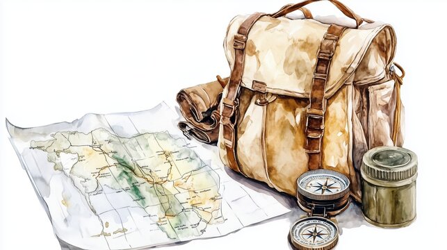 Exploring new adventures with a rugged backpack, map, and compasses set against a blank background