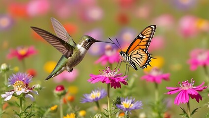 Fototapeta premium This enchanting image captures a vibrant moment in nature as a hummingbird and butterfly meet in mid-flight above a colorful meadow of blooming flowers. 