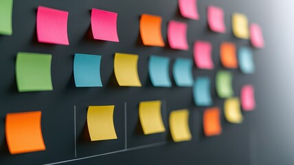 Colorful sticky notes arranged on a black board, ideal for brainstorming and organization.