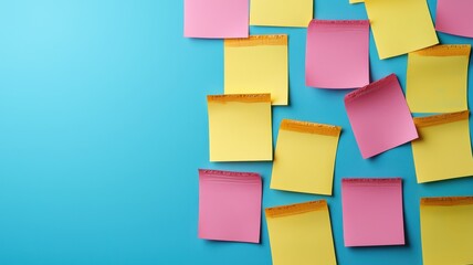 Colorful sticky notes on a blue background, ideal for reminders and organization.