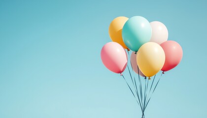 Colorful balloons against a clear blue sky, symbolizing celebration and joy.