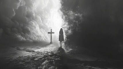 Obraz premium Dramatic Black and White Silhouette of a Woman Walking Towards a Cross Amidst a Storm