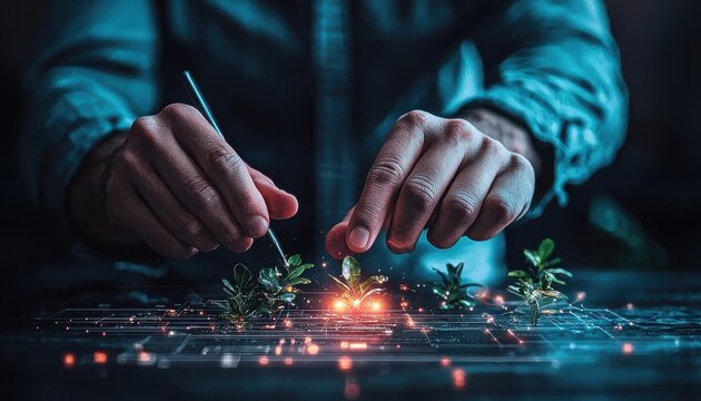 Hands cultivating small plants in a futuristic digital environment.