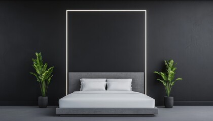 Modern bedroom interior with a minimalist bed and decorative plants.