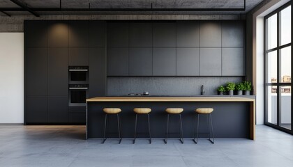 Modern kitchen design with sleek cabinetry and bar stools, natural light through windows.