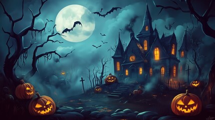 Spooky Halloween digital painting featuring a haunted house under a full moon with glowing pumpkins in the foreground. This eerie and atmospheric scene is perfect for web banners, posters, or greeting