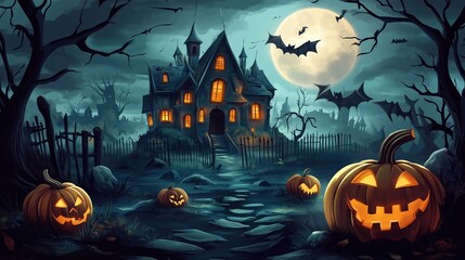 Spooky Halloween digital painting featuring a haunted house under a full moon with glowing pumpkins in the foreground. This eerie and atmospheric scene is perfect for web banners, posters, or greeting