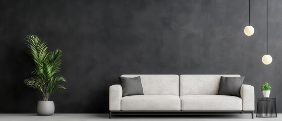 Modern living room with a gray wall, stylish couch, and decorative plants.