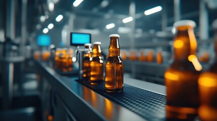 Bottles of beer on a conveyor belt in a modern brewery