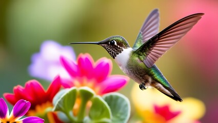 This mesmerizing close-up captures the moment a hummingbird hovers effortlessly in mid-air, its wings a blur of motion while its iridescent green feathers shine brilliantly in the sunlight. 