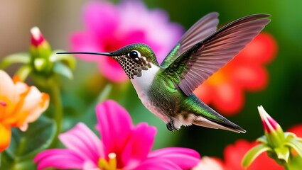 Fototapeta premium This mesmerizing close-up captures the moment a hummingbird hovers effortlessly in mid-air, its wings a blur of motion while its iridescent green feathers shine brilliantly in the sunlight. 