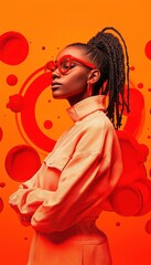 Fototapeta premium Stylish woman in orange attire with vibrant background, confident pose.