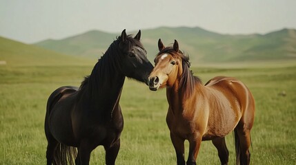 Obraz premium Two Horses in a Green Field with Rolling Hills in the Background