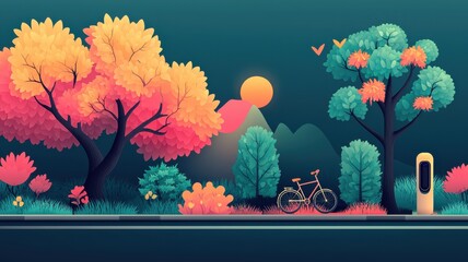 Vibrant autumn landscape with trees, bicycle, and colorful foliage at sunset.