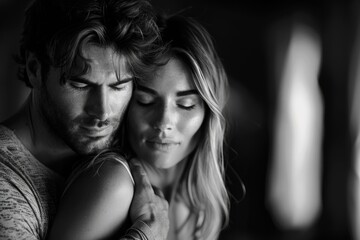 Fototapeta premium Man and woman embracing by window