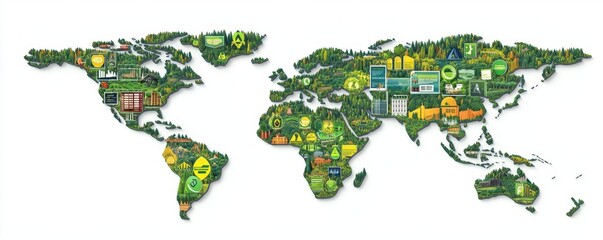 Obraz premium A colorful world map showcasing sustainable cities, nature, and green technology highlights across various regions.