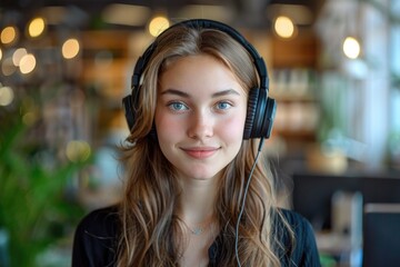 Smiling woman wearing headset