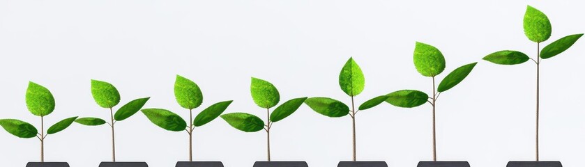 Fototapeta premium A series of small green plants in pots, depicting growth stages, symbolizing nature, renewal, and environmental awareness.