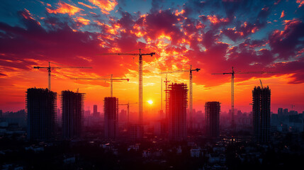 Fototapeta premium Construction cranes silhouetted against fiery urban sunset, cityscape