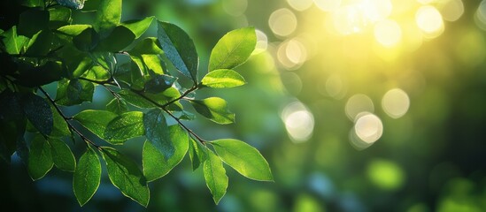 Obraz premium Close up of fresh green leaves with sunbeams and blurry background.
