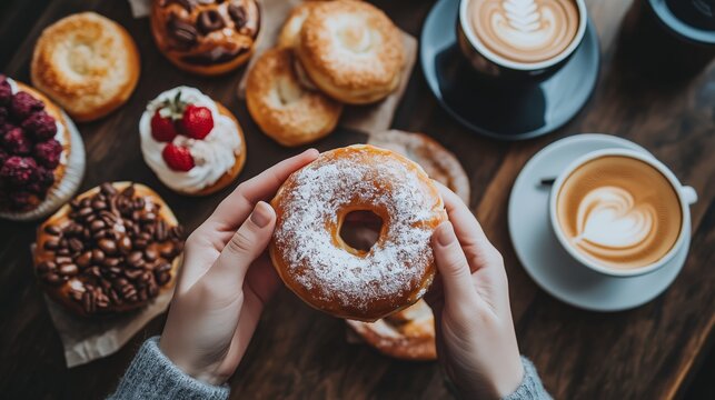 Enjoying fresh pastries and coffee at a cozy café on a sunny morning with delicious treats in the foreground - Powered by Adobe