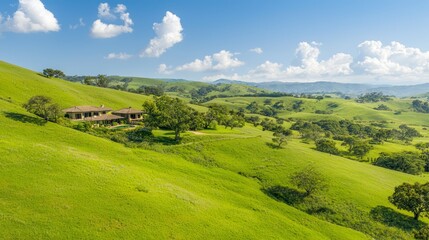 Fototapeta premium Serene Countryside Charm: Picturesque Cottages and Lush Gardens Amid Rolling Hills