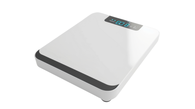 Smart kitchen scale with nutrition tracking on white background 
