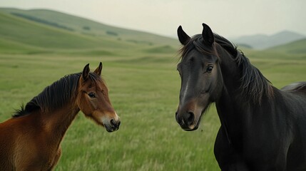 Fototapeta premium Two Horses in a Field, One Brown, One Black, Looking at Each Other