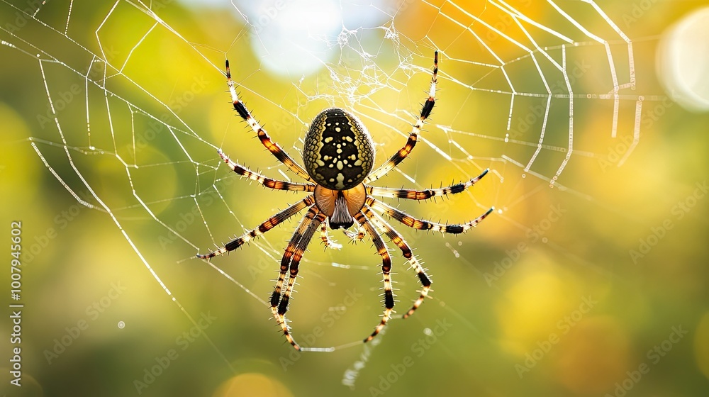 Poster spider on web in nature with beautiful bokeh background