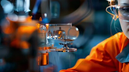 A focused individual in safety goggles and an orange lab coat is working with machinery in a laboratory setting.