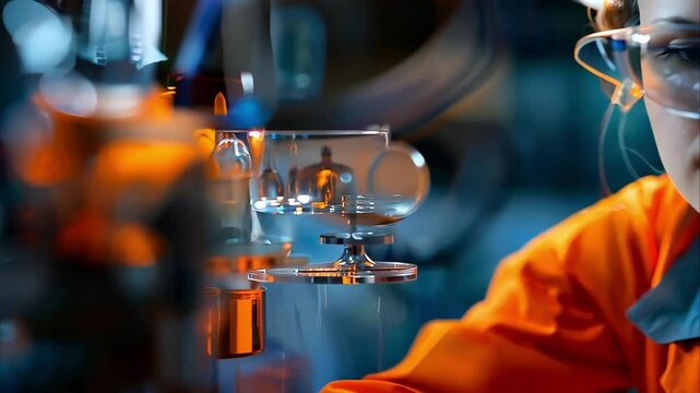 A focused individual in safety goggles and an orange lab coat is working with machinery in a laboratory setting.