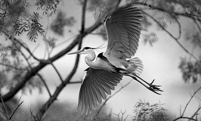 A black and white bird, likely a heron or egret, flying through the branches of a tree with blurred folia
