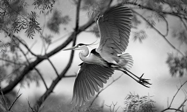 Fototapeta A black and white bird, likely a heron or egret, flying through the branches of a tree with blurred folia