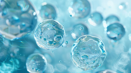 Transparent molecular structure with light reflections in a blue abstract background