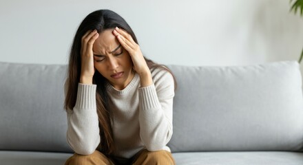 Stressed Young Woman Holding Head in Despair on Couch