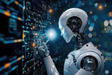 Humanoid robot thinking in data center