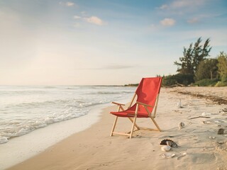Red canvas chair on the beach