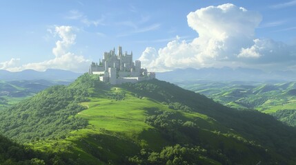 Majestic Hilltop Castle: Panoramic View of Serene Countryside