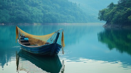 Obraz premium A serene blue boat rests on calm waters surrounded by misty mountains in the early morning light